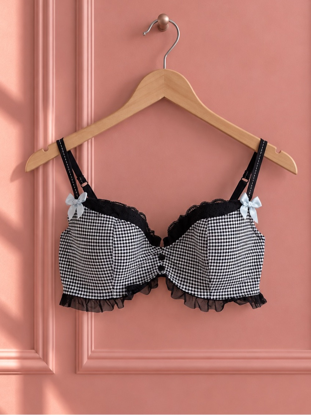 La Senza Black & White Gingham Lace Trim Bra Size 36C